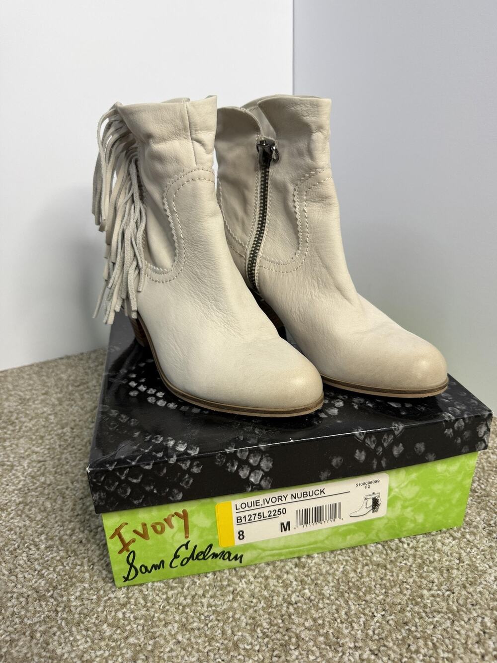 Sam Edelman Booties Womens Size 8 Ivory Louie Nubuck Fringe Western Ankle Boots